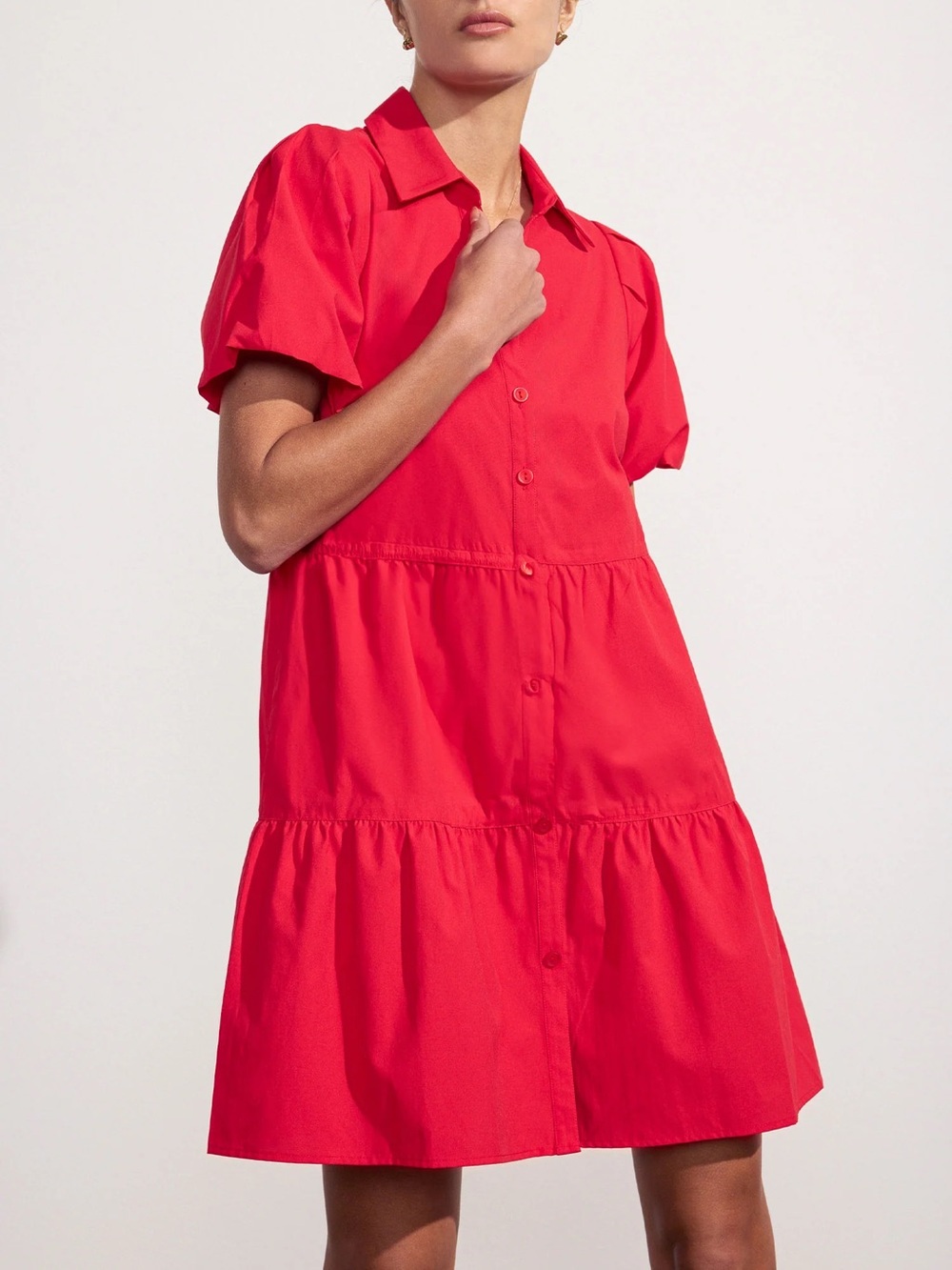 Brochu Walker Havana Mini Dress in Carmine Red Tiered Button-Front Shirt Dress